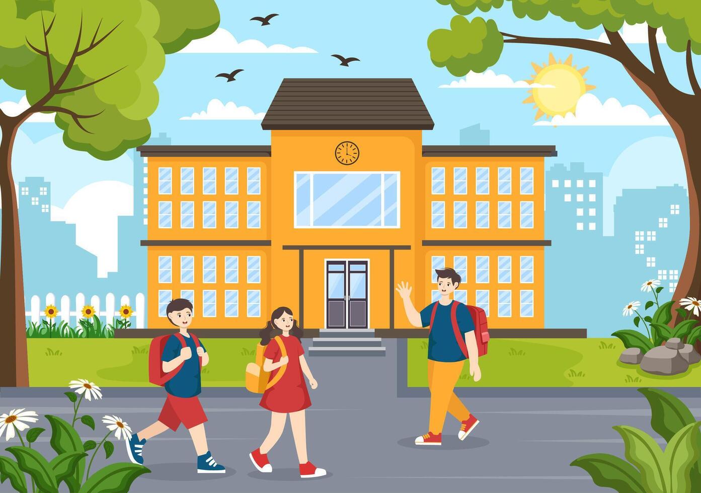 After School Vector Illustration with Students Leave School Building After Class or Program and Back to Home in Flat Cartoon Background