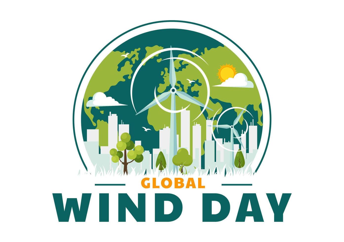 Global Wind Day Vector Illustration on June 15 with Earth Globe and Winds Turbines for Power and Energy Systems on Blue Sky in Flat Cartoon Background