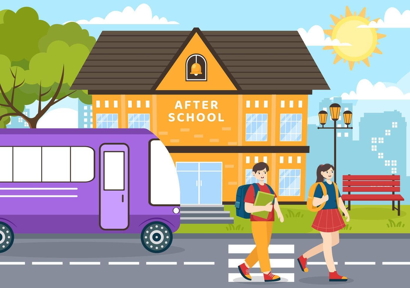 After School Vector Illustration with Students Leave School Building After Class or Program and Back to Home in Flat Cartoon Background