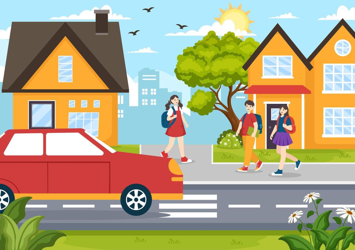 After School Vector Illustration with Students Leave School Building After Class or Program and Back to Home in Flat Cartoon Background