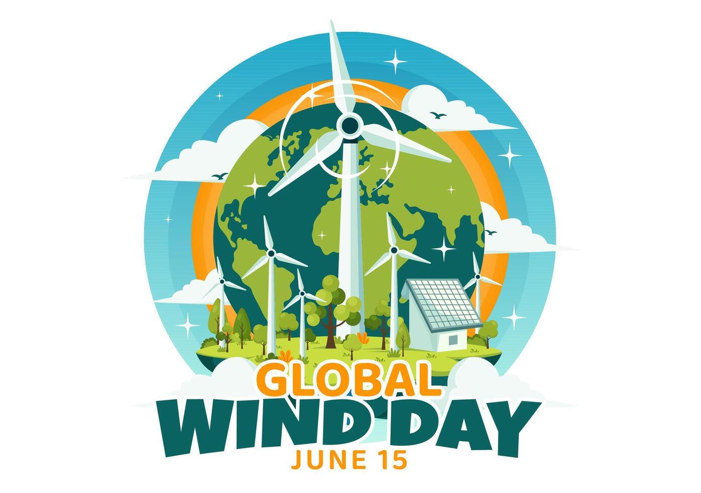 global viento día vector ilustración en junio 15 con tierra globo y vientos turbinas para poder y energía sistemas en azul cielo en plano dibujos animados antecedentes