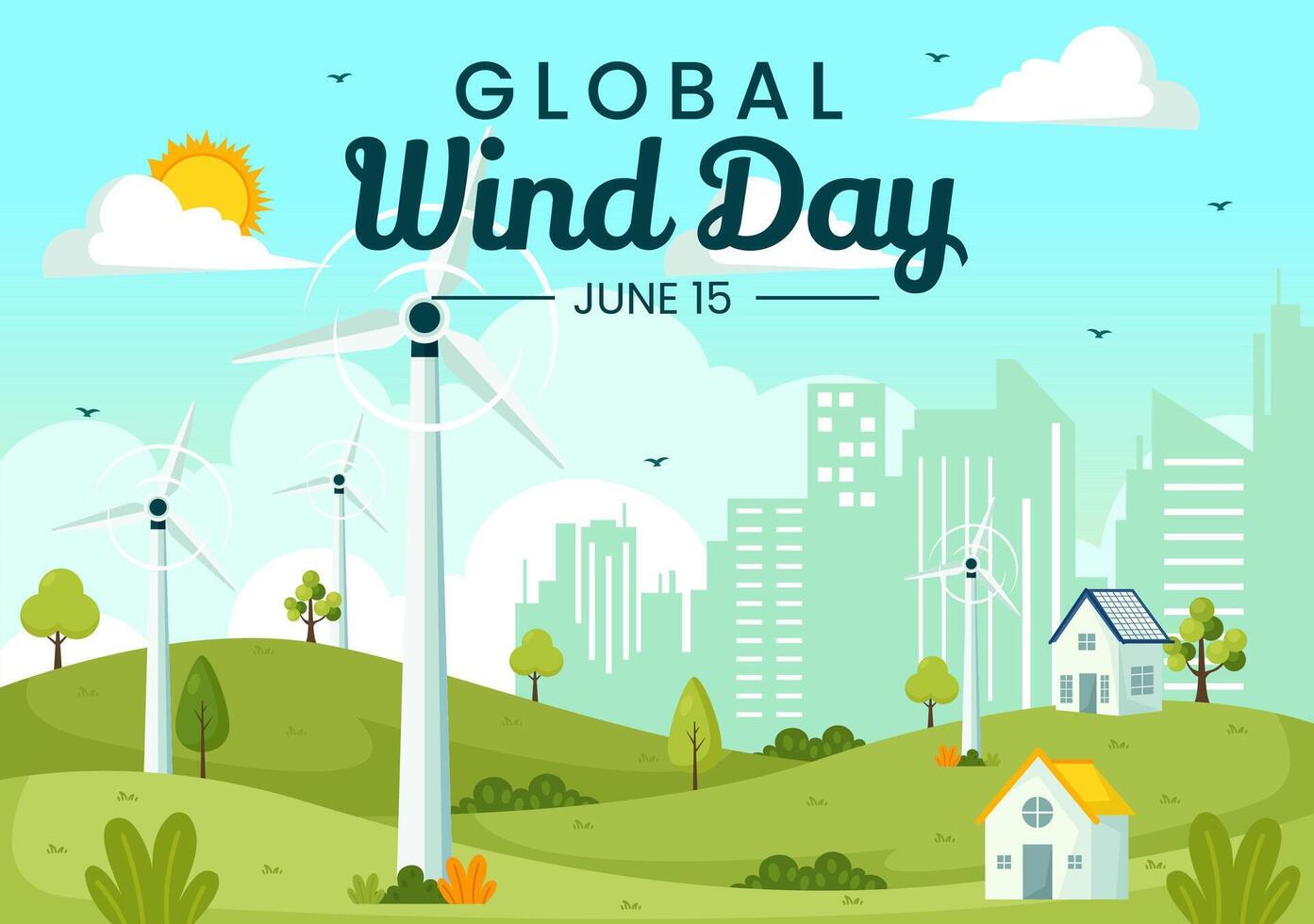 global viento día vector ilustración en junio 15 con tierra globo y vientos turbinas para poder y energía sistemas en azul cielo en plano dibujos animados antecedentes