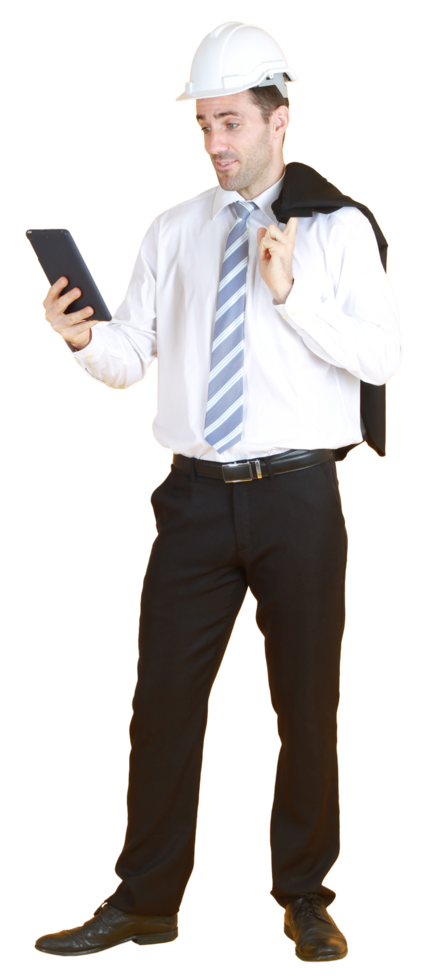 Handsome and smart engineer in suit and white shirt and Wearing a white safety engineer hat with hand holding smartphone or tablet png