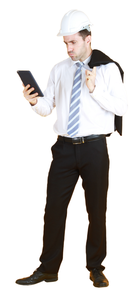 Handsome and smart engineer in suit and white shirt and Wearing a white safety engineer hat with hand holding smartphone or tablet png
