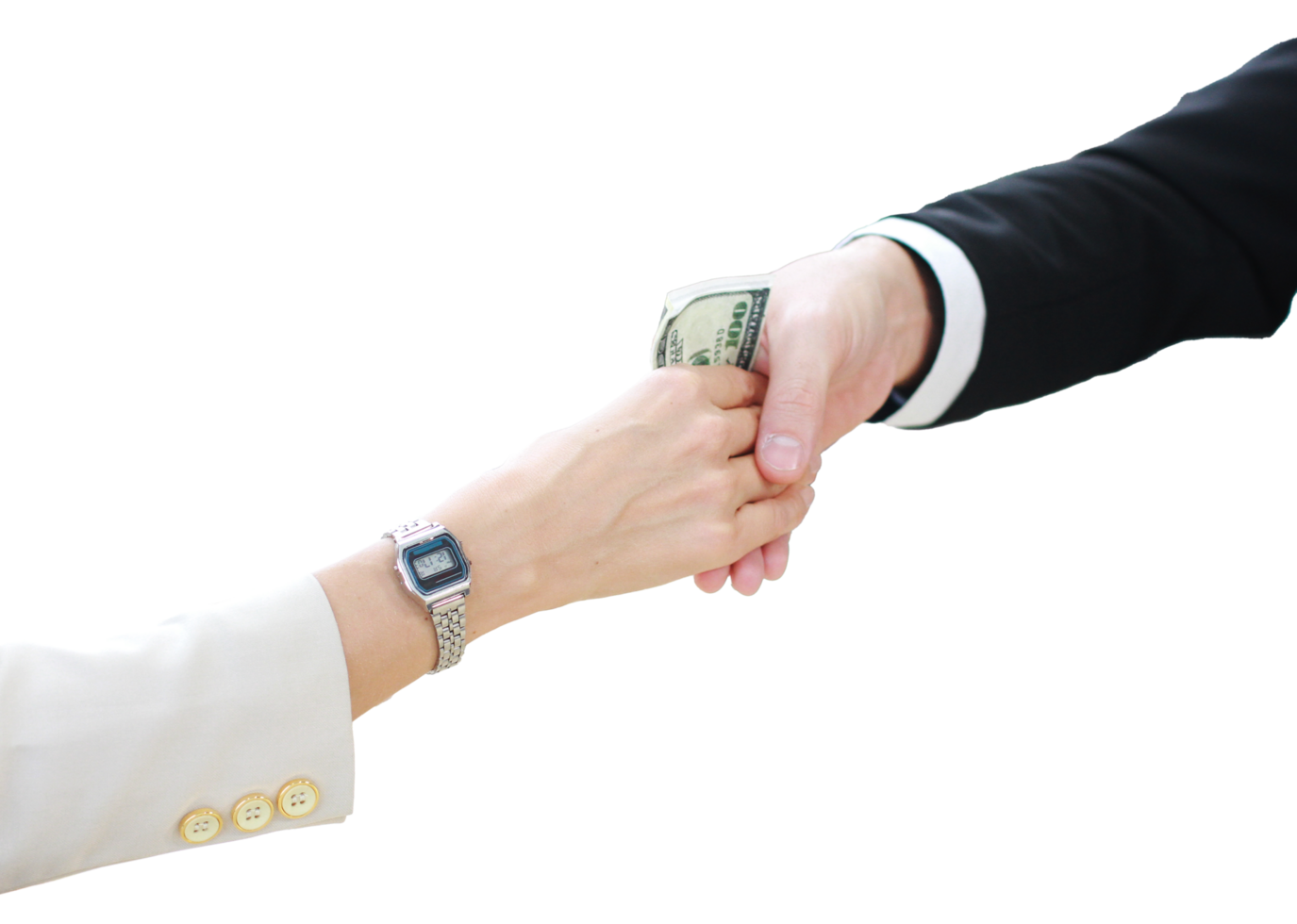 erfolgreich Geschäftsmann und Geschäftsfrau Shake Hände und erhalten Geld zu bestechen nach Treffen zum Job im Büro. Korruption Konzept png