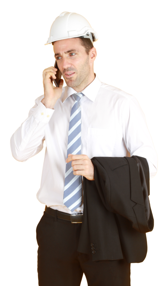 Handsome and smart engineer in suit and white shirt and Wearing a white safety engineer hat is talking with smartphone png