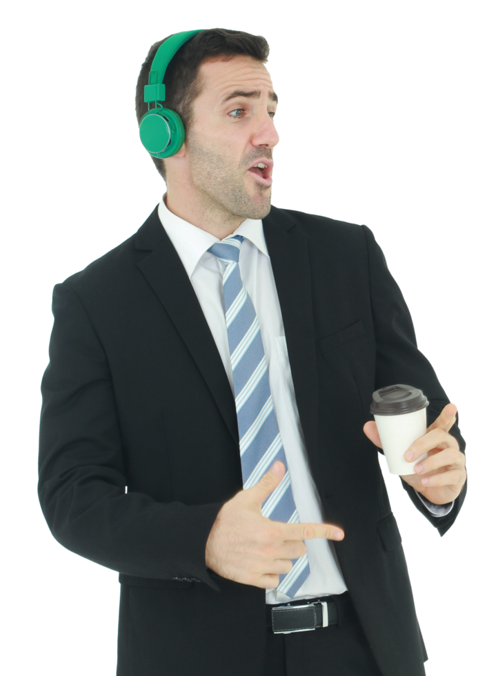 Handsome and smart businessman relax with listening to music in green headphones and hand holding a cup of coffee png