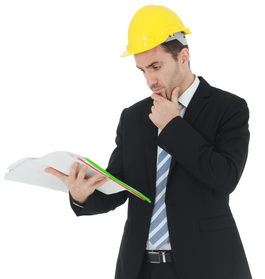 Handsome and smart engineer or architecture in black suit Wearing a yellow safety engineer hat with hand holding construction drawing papers and serious in work png