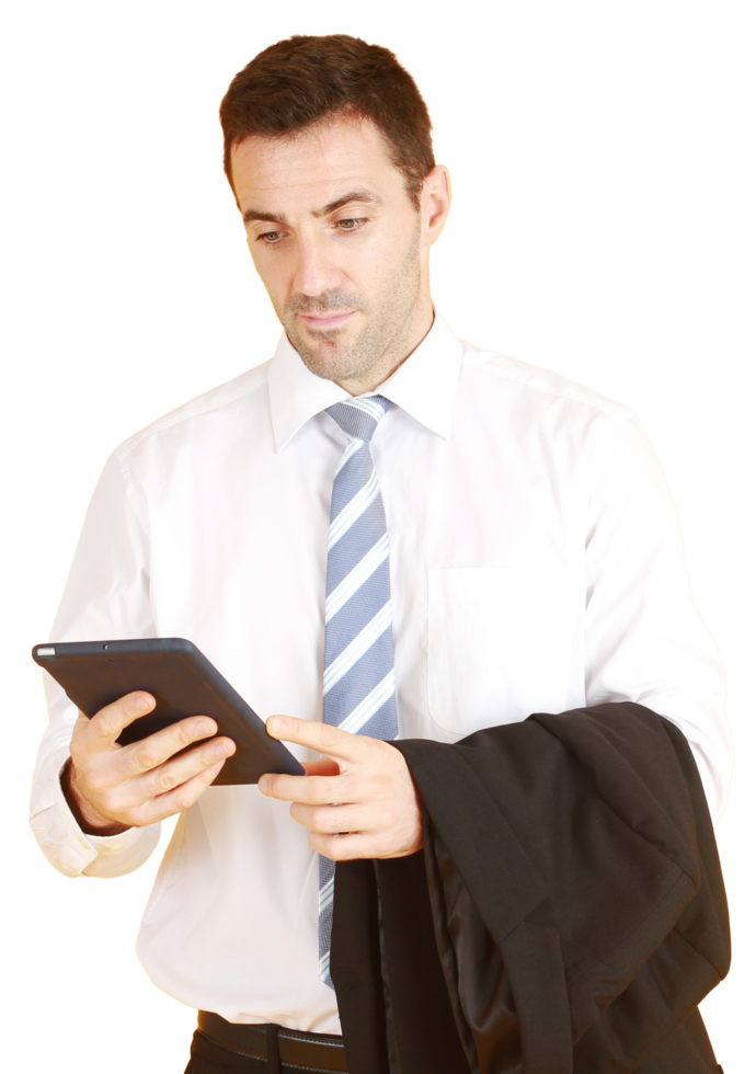 Handsome and smart Caucasian businessman in suit is online searching internet and holding tablet png