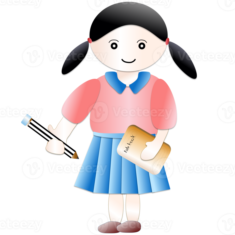 Girl wearing school uniform holding notebook and pencil in hand png