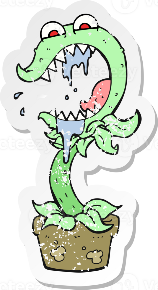 retro distressed sticker of a cartoon carnivorous plant png