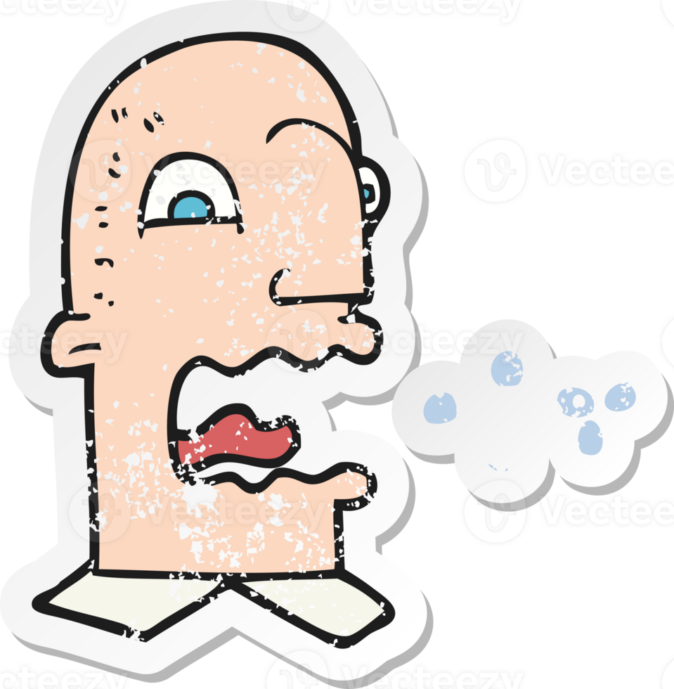 retro distressed sticker of a cartoon burping man png