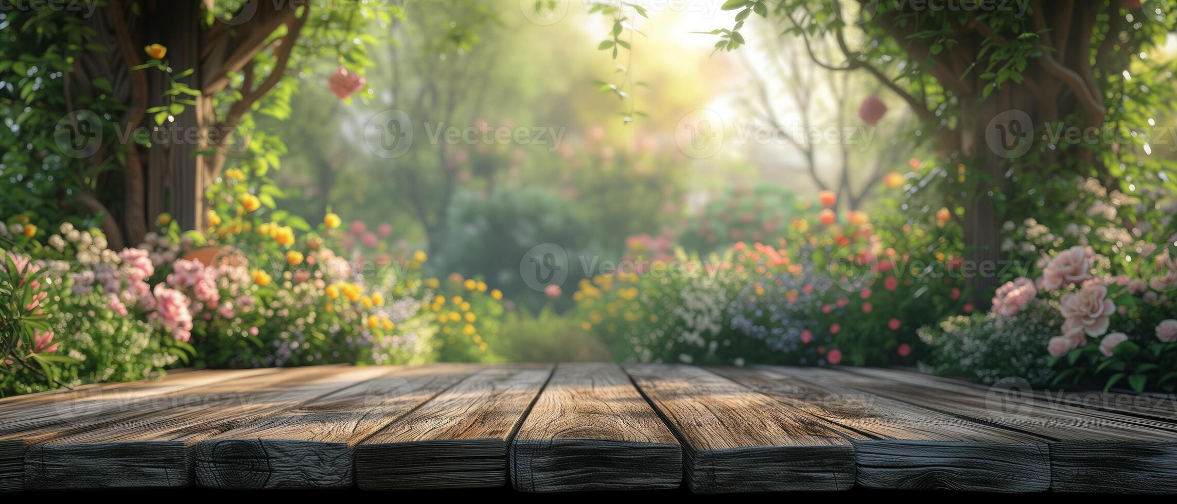AI generated Blurry garden house scene behind an empty wooden surface, setting the stage for product displays. photo