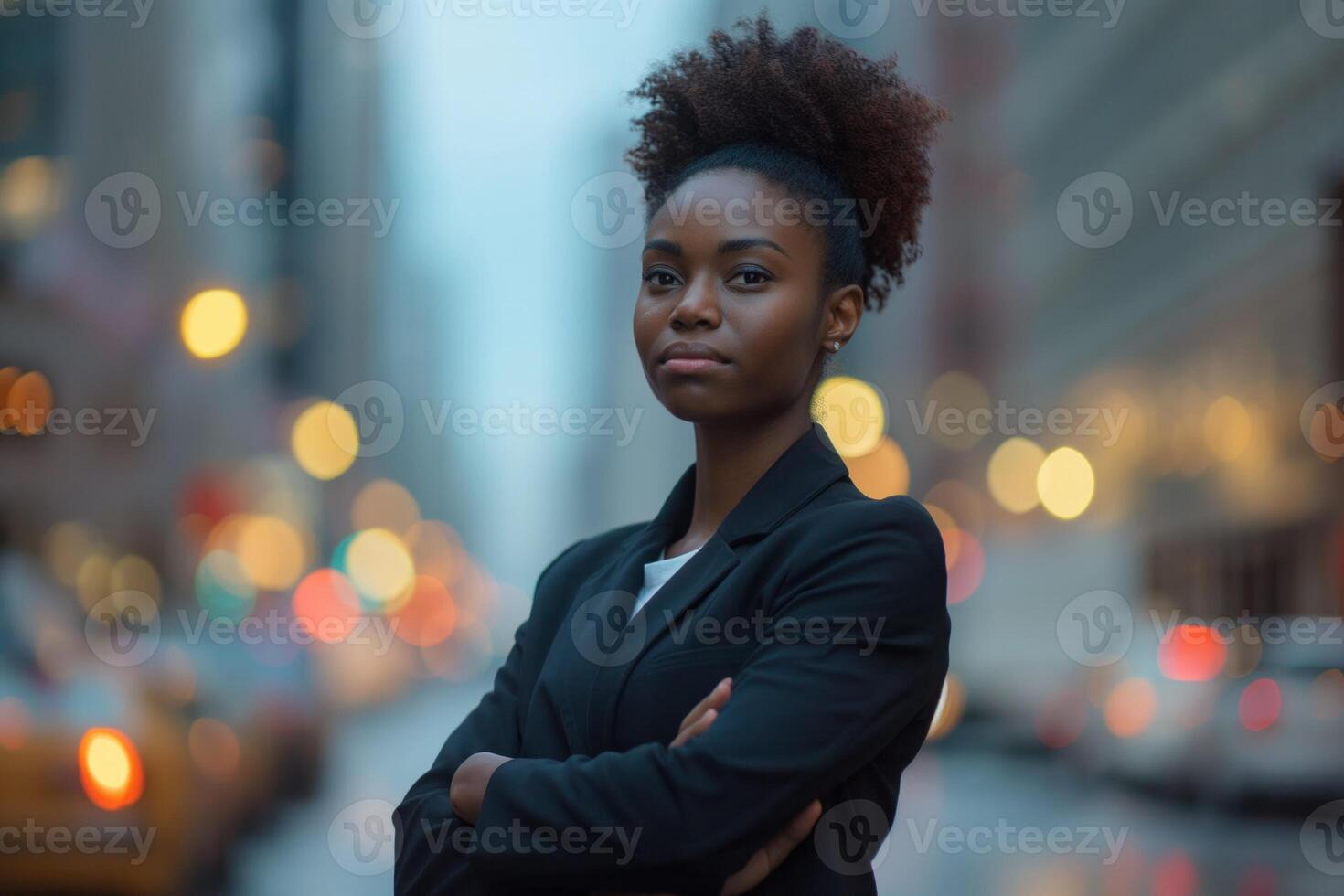 AI generated An African American professional businesswoman standing on a city street. She's dressed elegantly in a business suit and have arms crossed. photo