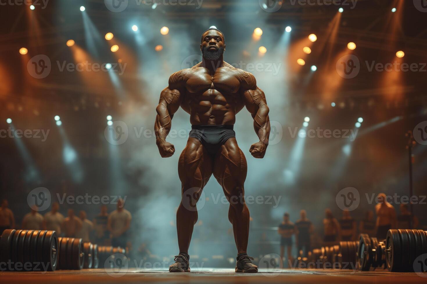 AI generated A bodybuilder on a competition stage, striking a classic bodybuilding pose. photo