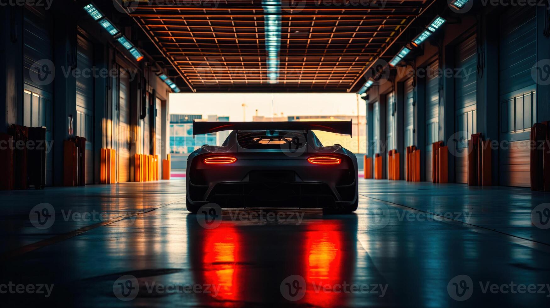 AI generated Silhouette of generic sports car in dark garage, back view, pit lane setting, dramatic, cinematic lighting photo