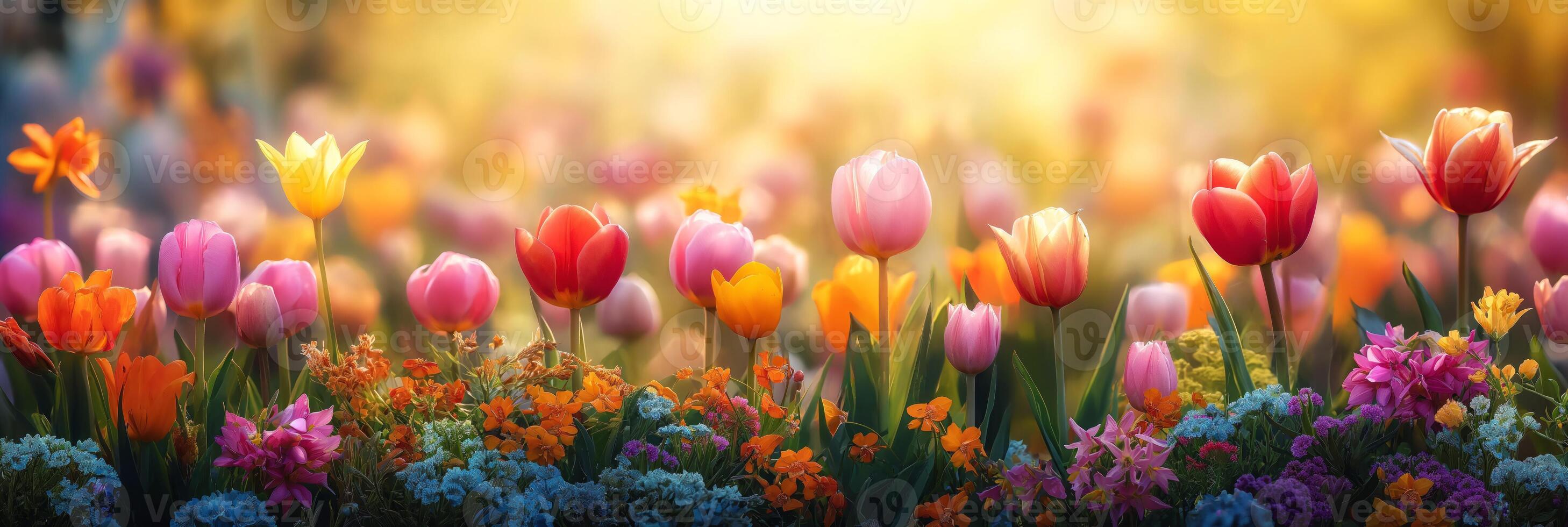 AI generated A springtime banner of field filled with a variety of flowers like tulips, daffodils, and cherry blossoms, in an array of bright pinks, yellows and purples. photo