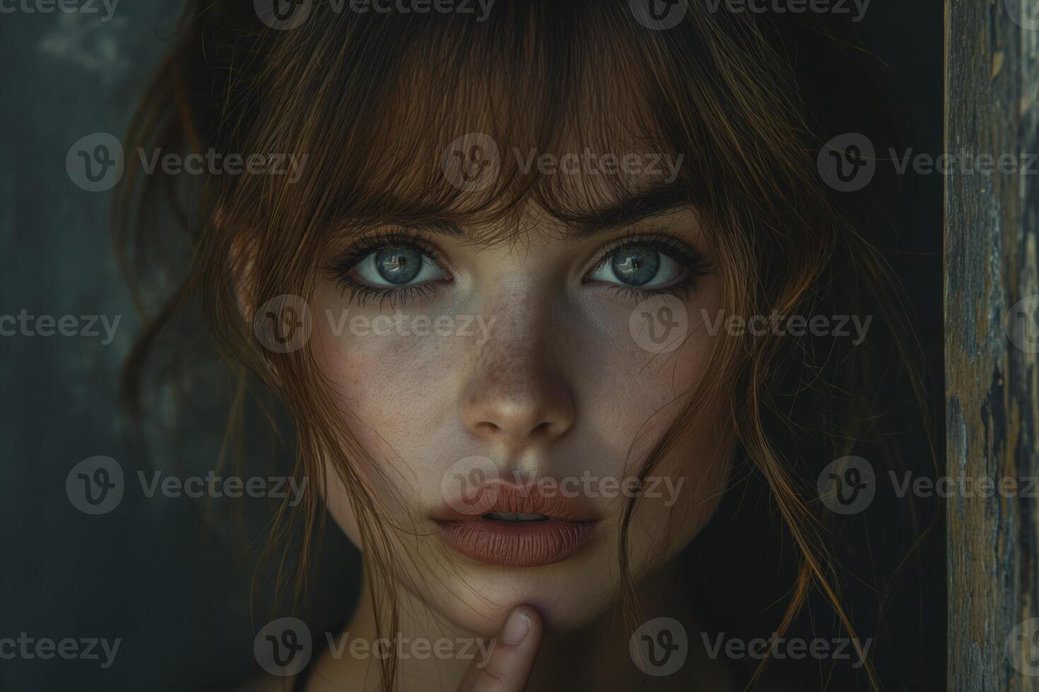 AI generated A poignant, symbolic portrait of a woman, her expression conveying a mixture of resilience and sadness, set against a muted, somber background. photo