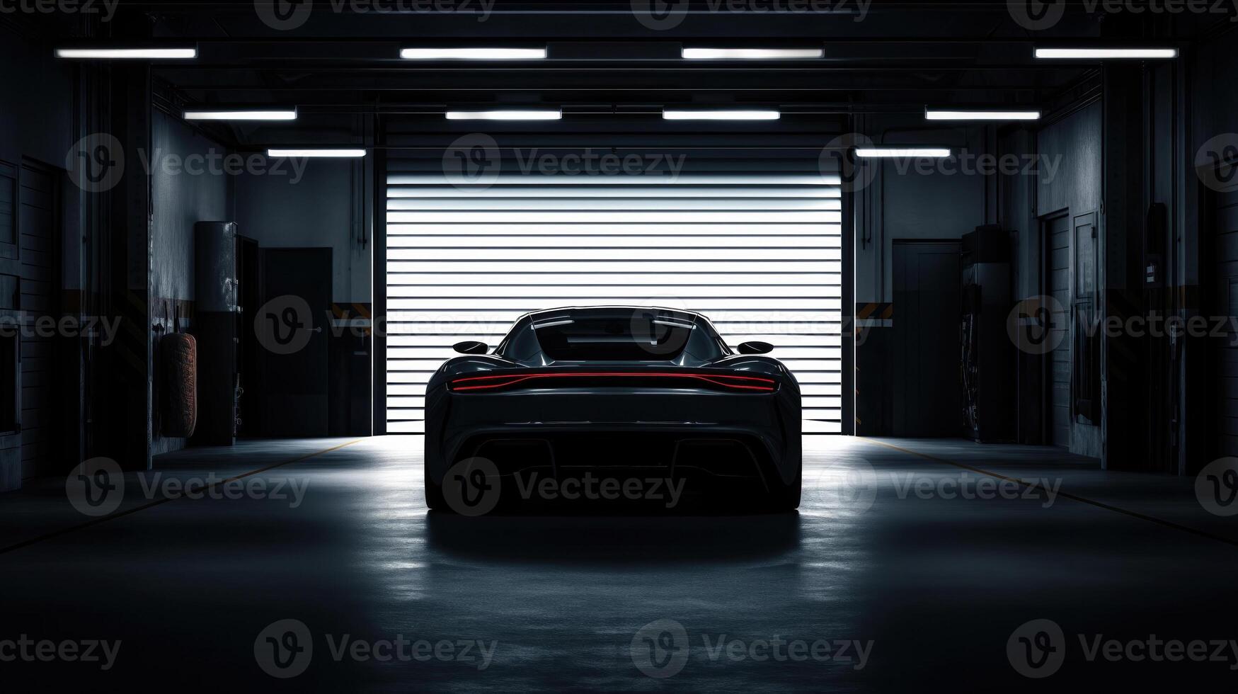 AI generated Silhouette of generic sports car in dark garage, back view, pit lane setting, dramatic, cinematic lighting photo