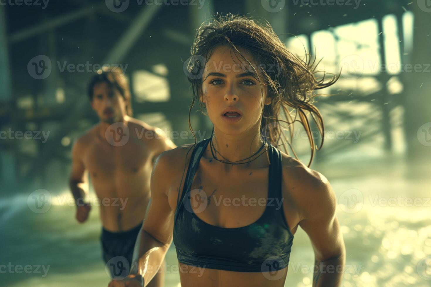 AI generated A man and a woman are running together. The woman is in front, wearing black top and shorts and the man is behind her. photo