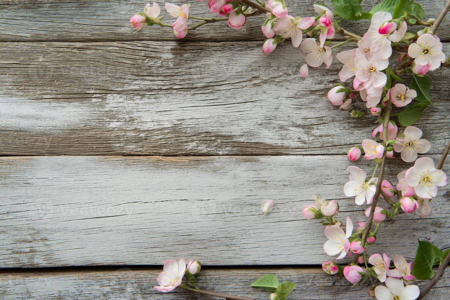 AI generated Shabby chic wooden texture with spring flowers on right to use as background photo