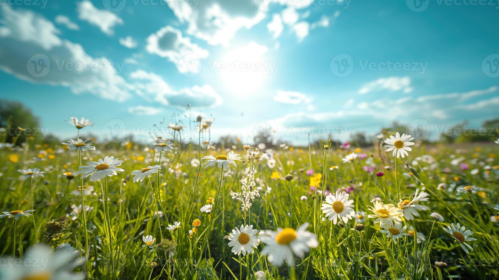 AI generated Vivid wildflowers bloom under the golden light of sunset in a serene meadow, with a beautiful blue sky dotted with clouds above. photo