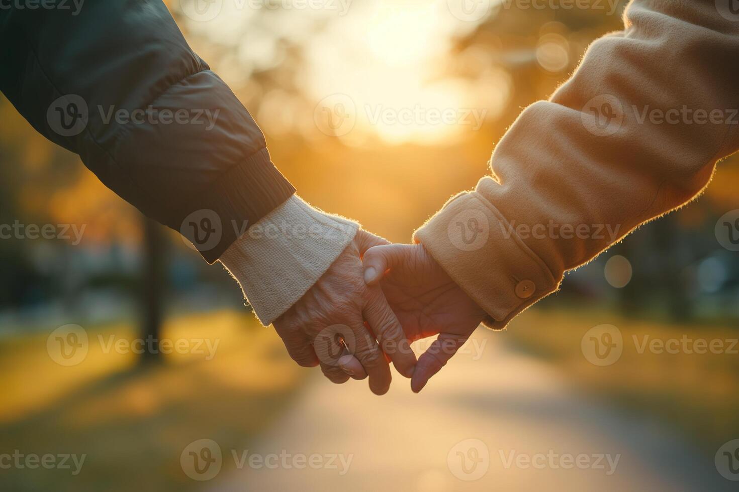 AI generated An elderly person holding hands with a younger person, symbolizing care and support during autumn. photo