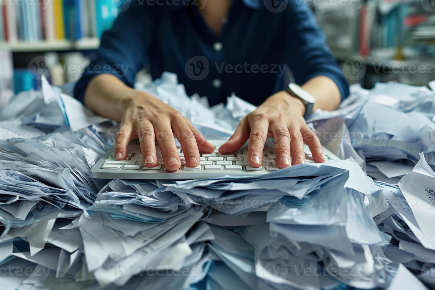 AI generated Hands of a person desperately trying to work on a keyboard buried under a mountain of unorganized paperwork, symbolizing extreme work overload. photo