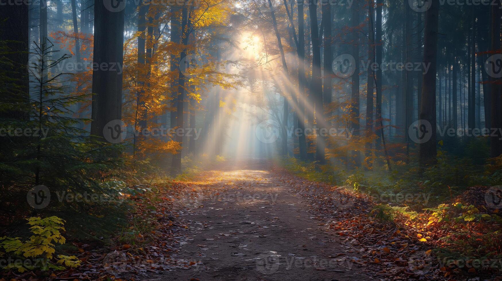 AI generated Misty morning in an autumn forest with sunrays breaking through the tall trees, illuminating the golden foliage and forest path. photo