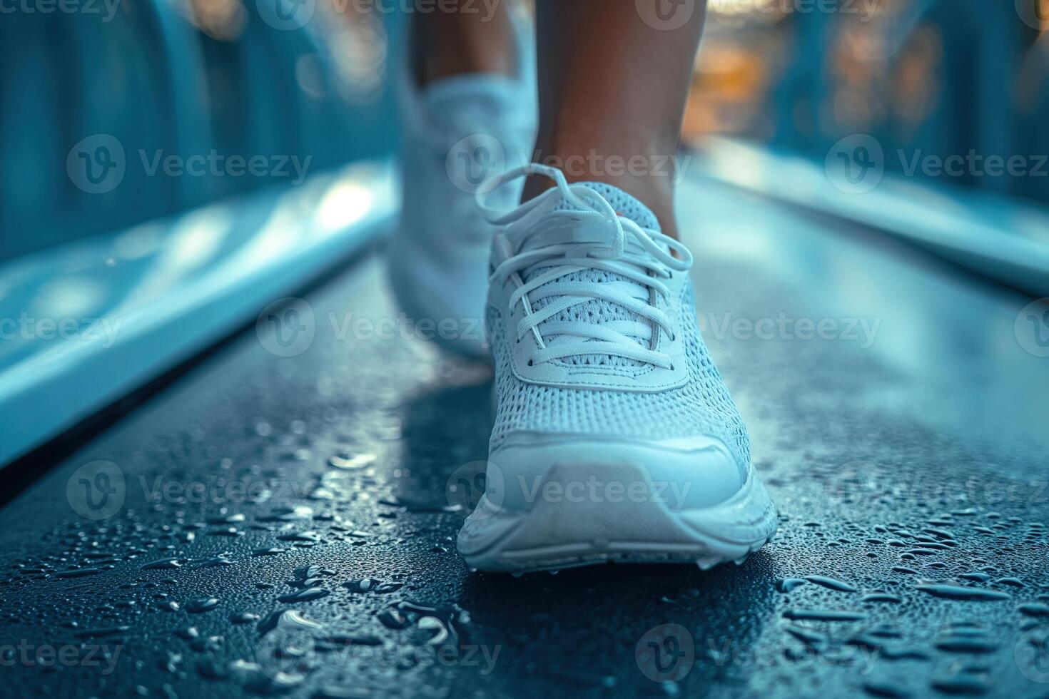 AI generated Close-up of bright running shoes in action on a treadmill, depicting a fitness workout in a gym setting. Sport gym fitness concept. photo