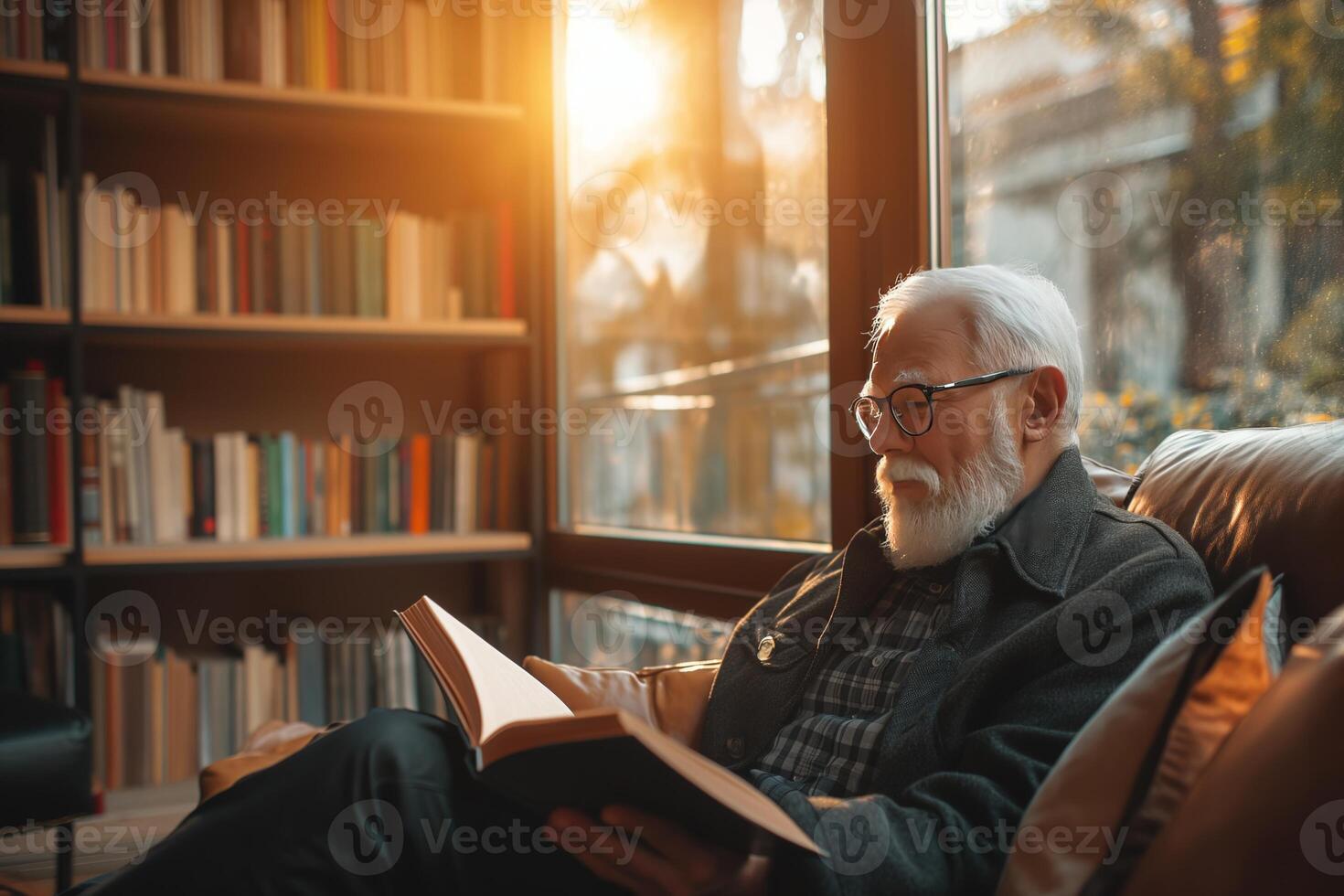 AI generated An elderly man enjoys reading a book in a comfortable leather chair, surrounded by shelves of books in a warm, sunlit home library. photo