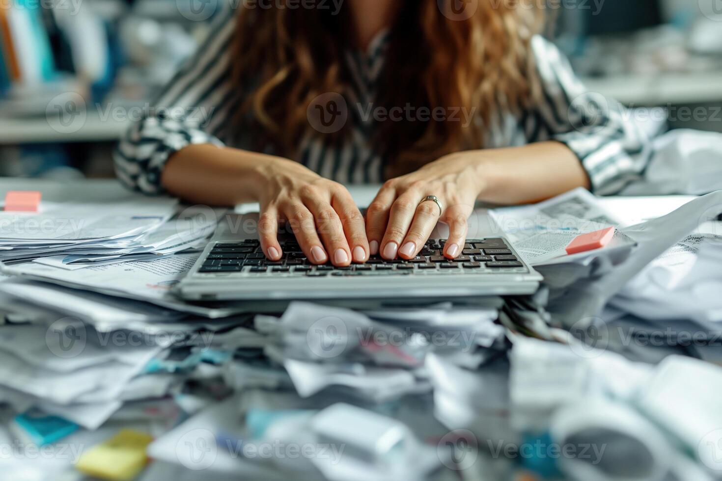 AI generated Hands of a person desperately trying to work on a keyboard buried under a mountain of unorganized paperwork, symbolizing extreme work overload. photo