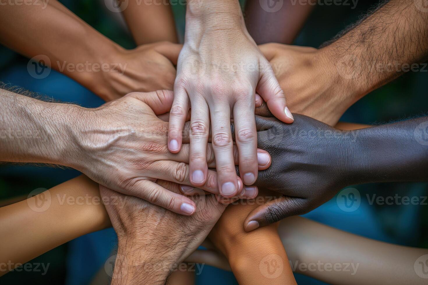 AI generated A powerful image of unity with diverse hands joined together over a green natural background. Team work together concept. photo