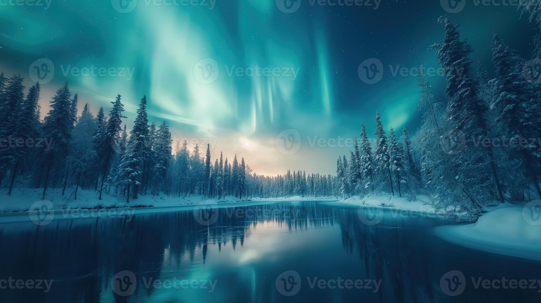 AI generated A breathtaking winter landscape at night illuminated by the ethereal dance of the Northern Lights reflecting on a calm forest river. photo