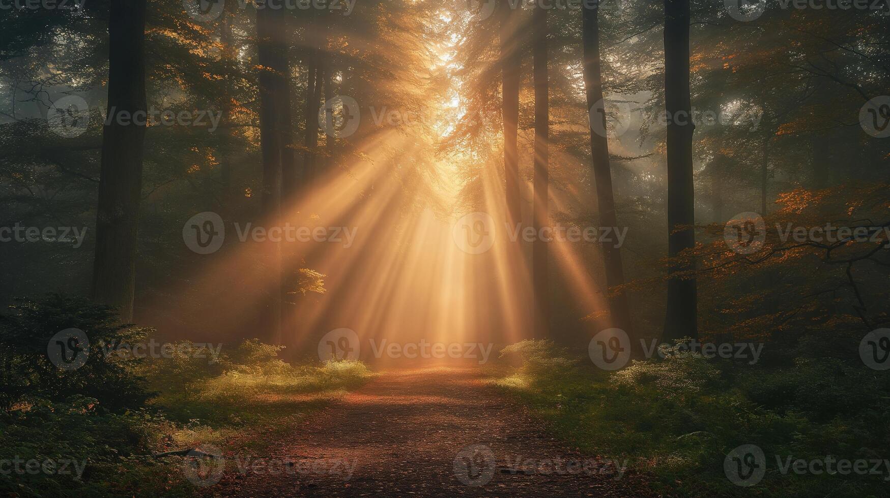 ai generado brumoso Mañana en un otoño bosque con rayos de sol rotura mediante el alto árboles, esclarecedor el dorado follaje y bosque camino. foto