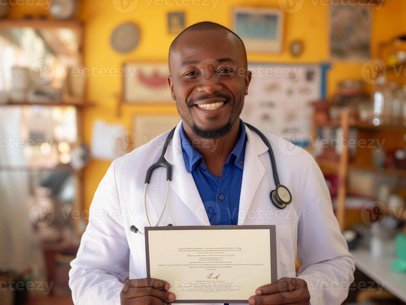 AI generated A smiling doctor in clinic, proudly displaying certificate, professional, inviting atmosphere photo