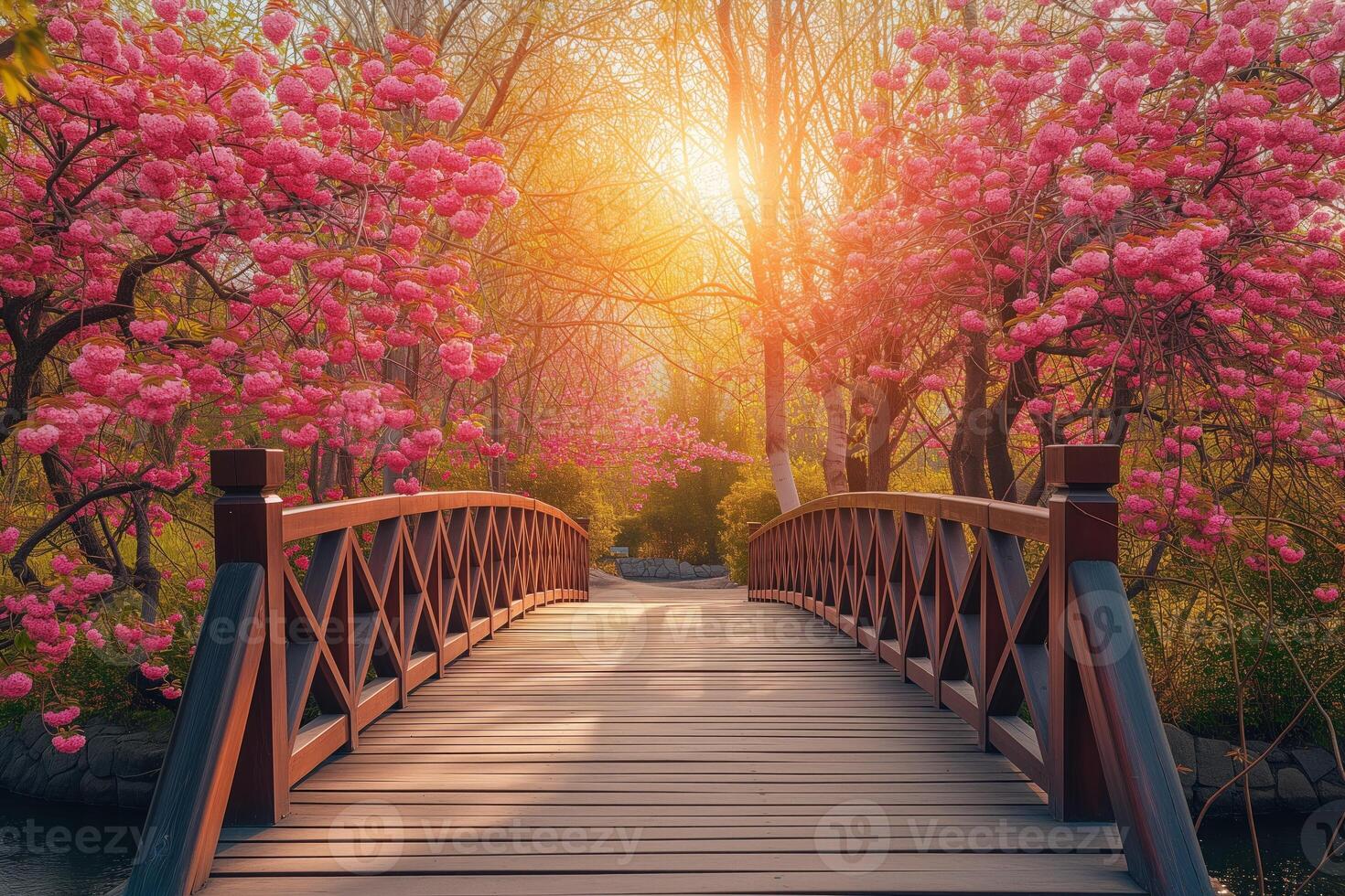 AI generated Wooden bridge leading to extravagantly blooming pink cherry - sakura trees in a Japanese park, picturesque spring scene. photo