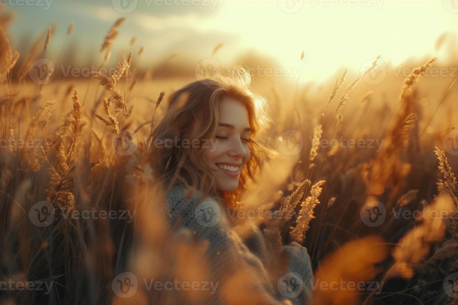 AI generated A smiling woman, embracing herself in a sunlit field, warm, empowering, self-love theme photo