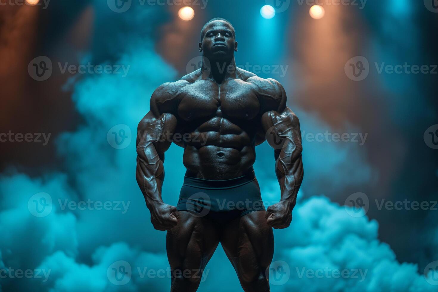 AI generated A bodybuilder on a competition stage, striking a classic bodybuilding pose. photo