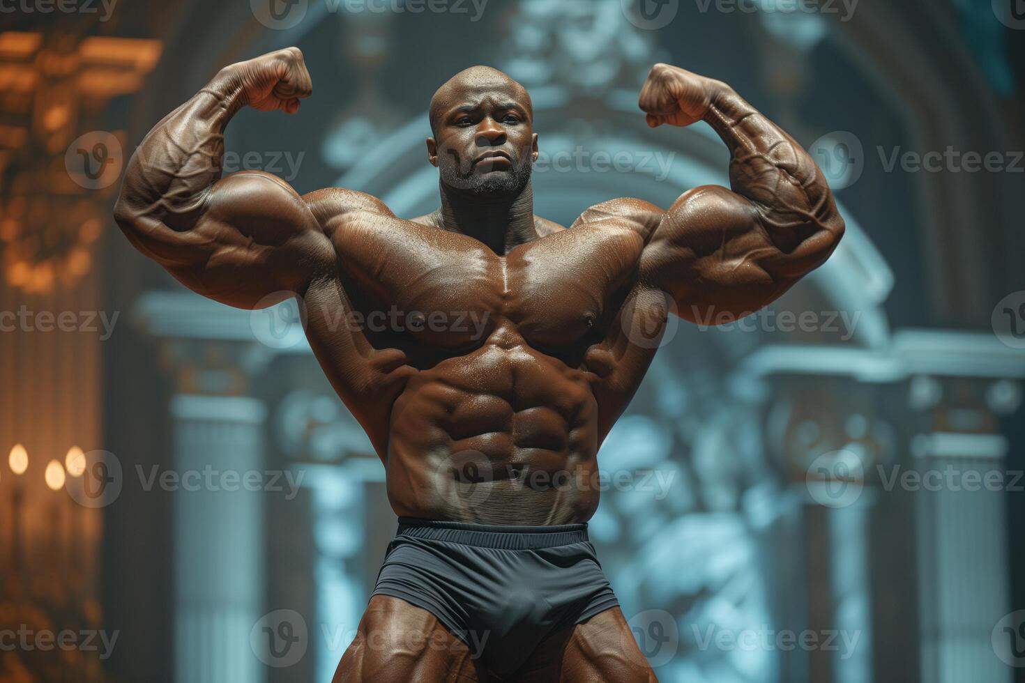 AI generated A bodybuilder on a competition stage, striking a classic bodybuilding pose. photo