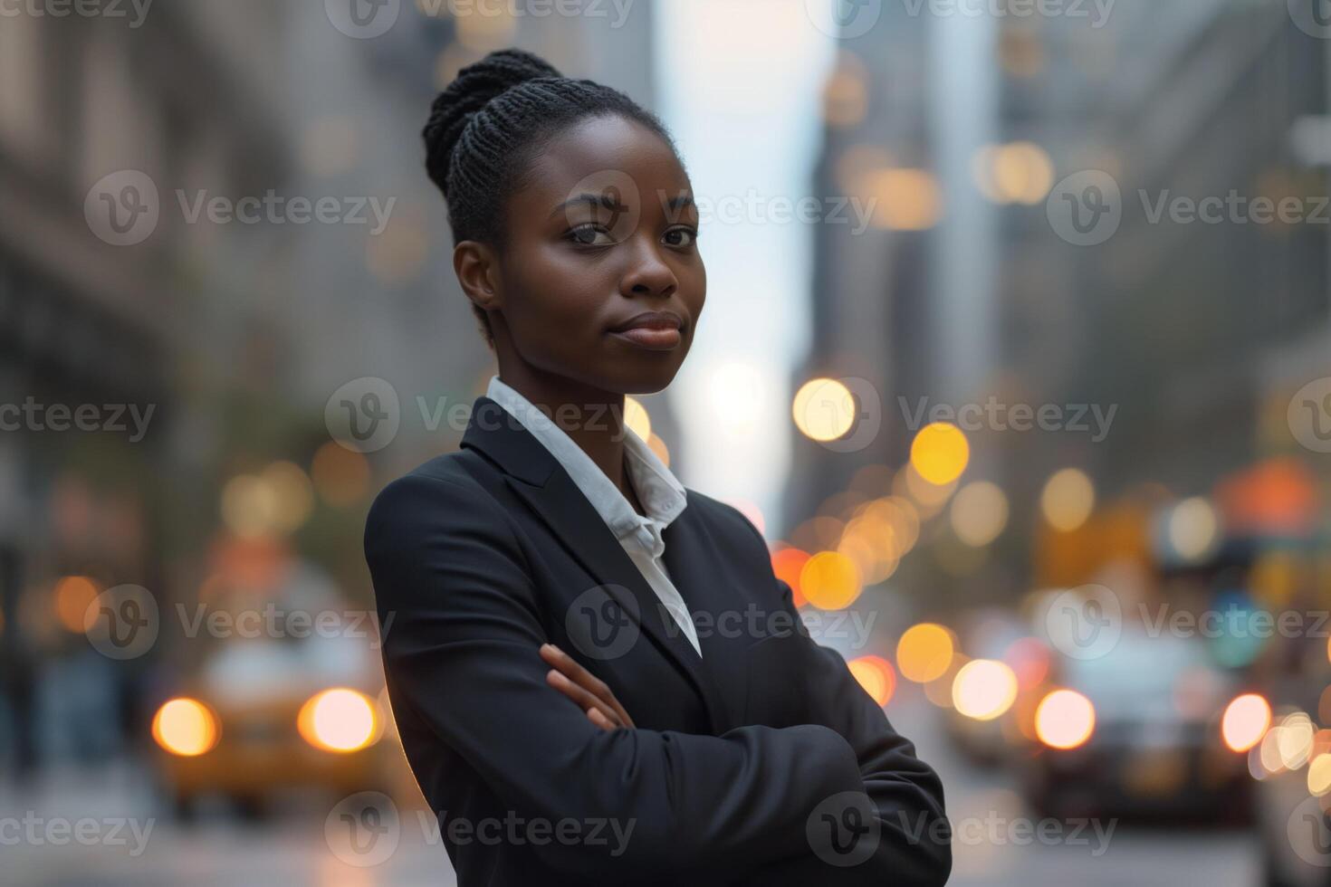 AI generated An African American professional businesswoman standing on a city street. She's dressed elegantly in a business suit and have arms crossed. photo