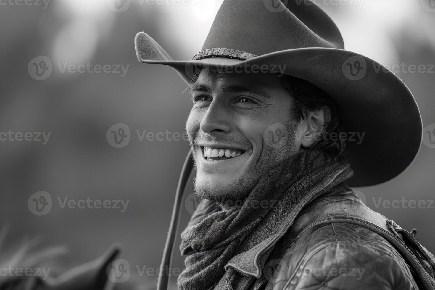 AI generated Cowboy joyfully galloping on horseback, a wide smile under a wide-brimmed hat, embodying wild spirit. photo