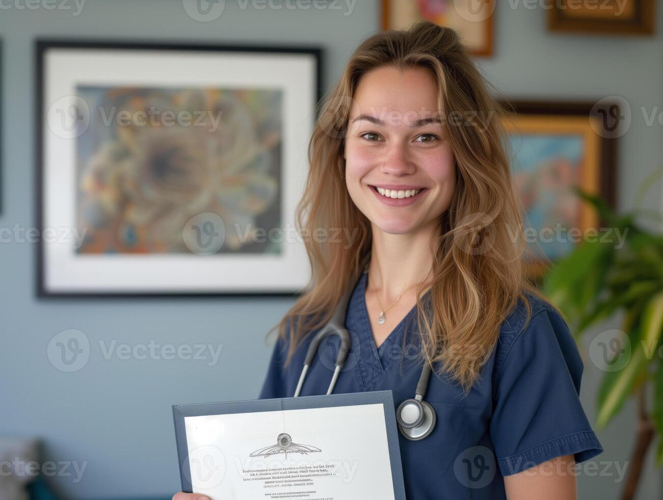 AI generated A smiling doctor in clinic, proudly displaying certificate, professional, inviting atmosphere photo