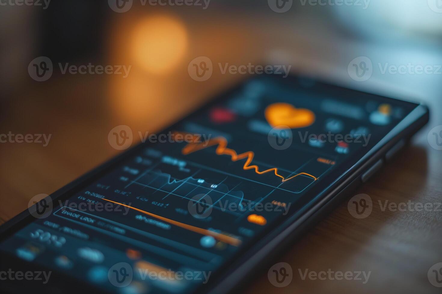 AI generated Smartphone mobile phone displaying a heart rate monitoring app with ECG graph and pink heart symbol, placed on a wooden surface table. photo