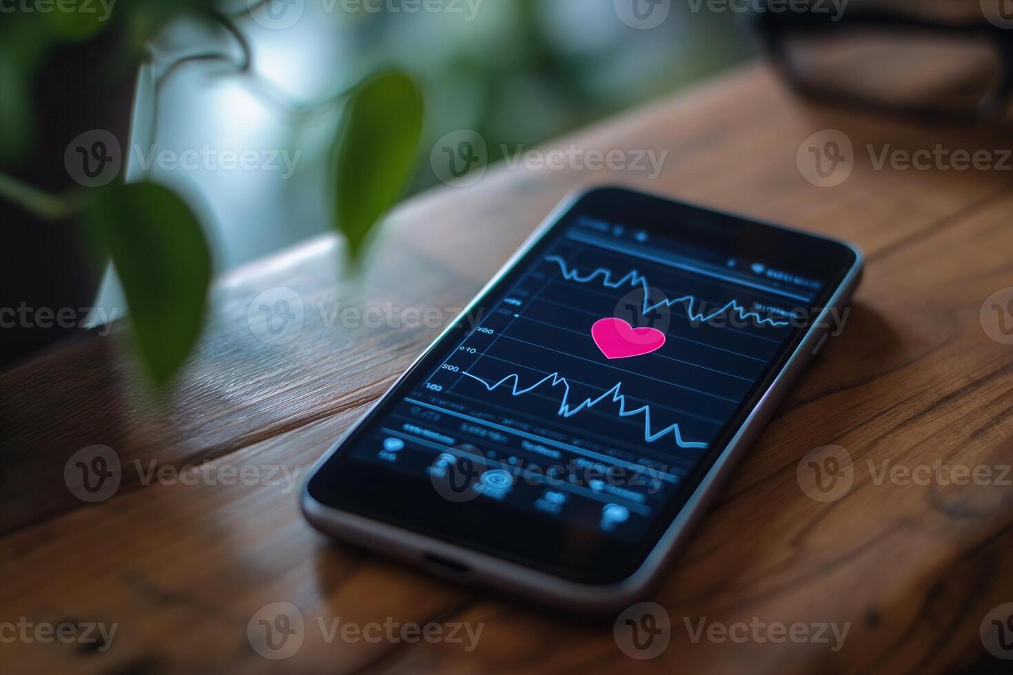 AI generated Smartphone mobile phone displaying a heart rate monitoring app with ECG graph and pink heart symbol, placed on a wooden surface beside a plant. photo