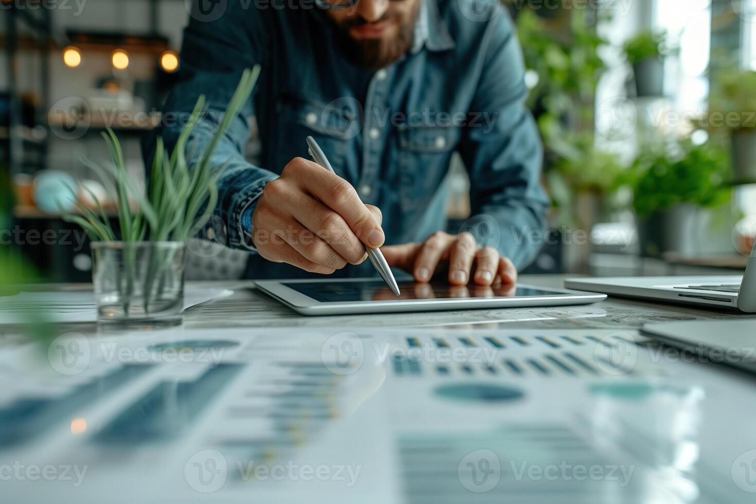 AI generated Professional analyzing colorful statistical data graphs on a digital tablet, highlighting business analytics and performance metrics. Man using tablet to work. photo