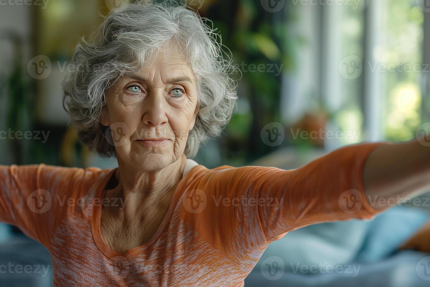 ai generado mayor dama mujer con gris pelo ejecutando yoga estiramientos adentro, promoviendo un sano estilo de vida. foto