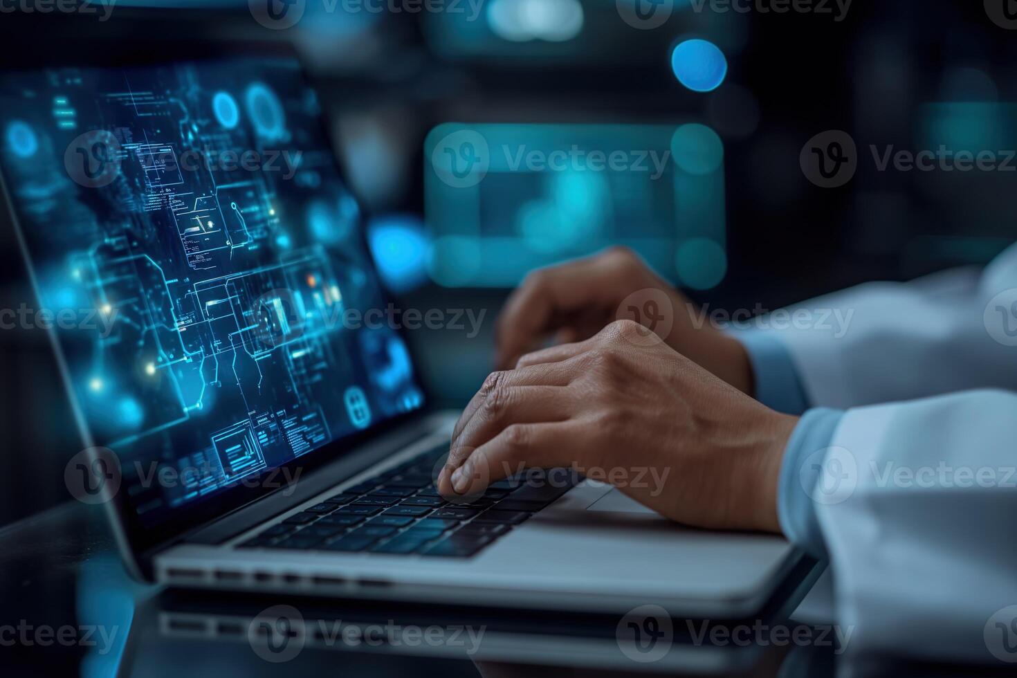 AI generated Expert in cybersecurity working on a laptop with a complex data encryption interface in office environment. photo