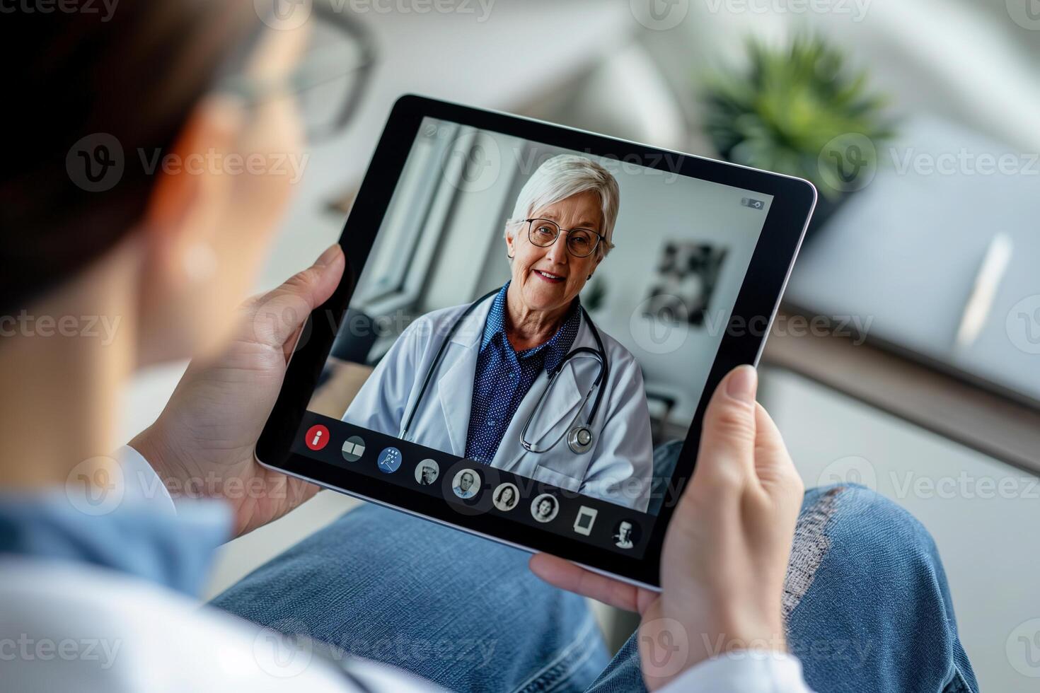 AI generated woman wearing glasses and a face mask consulting with her doctor via a telemedicine session on a digital tablet. photo