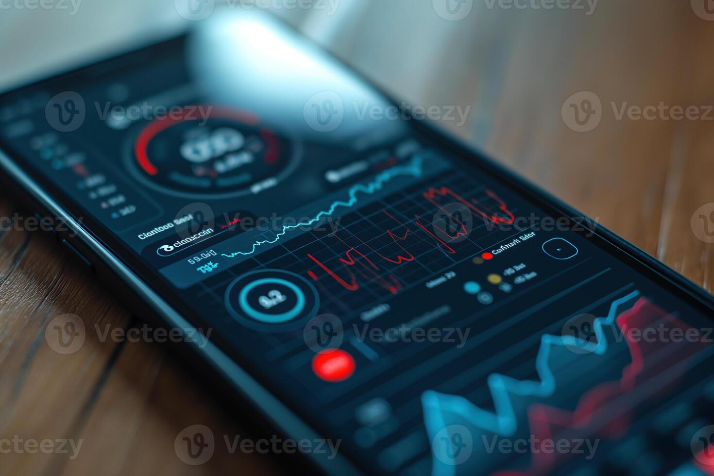 AI generated Smartphone mobile phone displaying a heart rate monitoring app with ECG graph and pink heart symbol, placed on a wooden surface table. photo